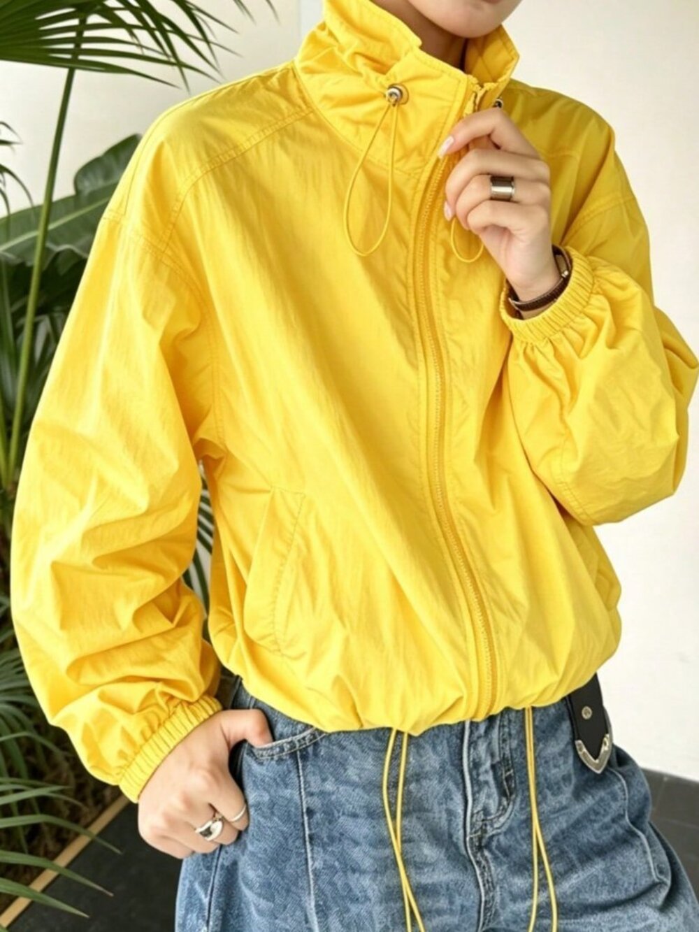 Yellow Casual Women's Loose Fit Short Zip Funnel Collar Lightweight Jacket - Picture 7 of 8